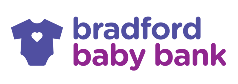 Logo which shows blue babygrow with white heart on and words Bradford Baby Bank