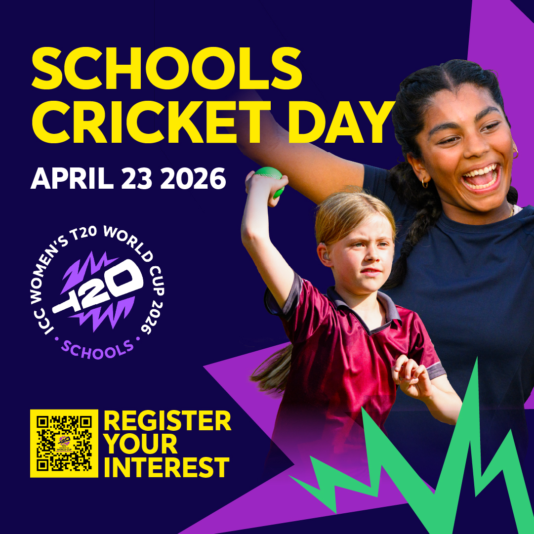 Bright poster featuring two girls playing cricket along with the words Schools Cricket Day. April 23, 2026. There is also the logo of the Women's T20 World Cup and a QR code with a link for people to register their interest.