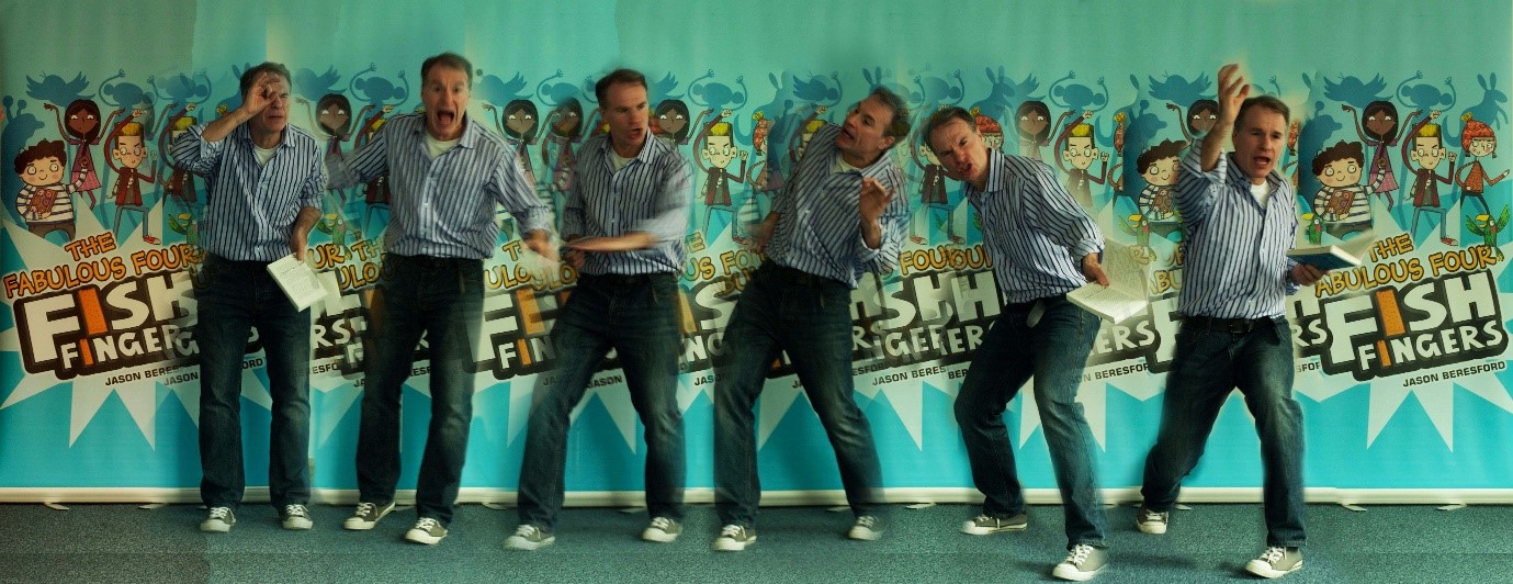 The author Jason Beresford is pictured six times, as if six versions of himself standing in a row, in various poses but in the same outfit, a striped shirt and jeans